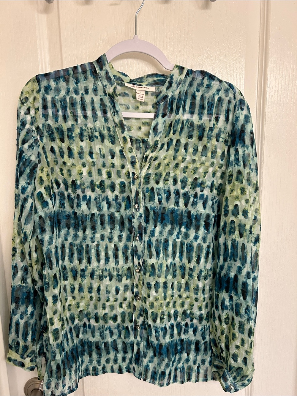 JM Collection Blue and Green Printed Button-Front Blouse